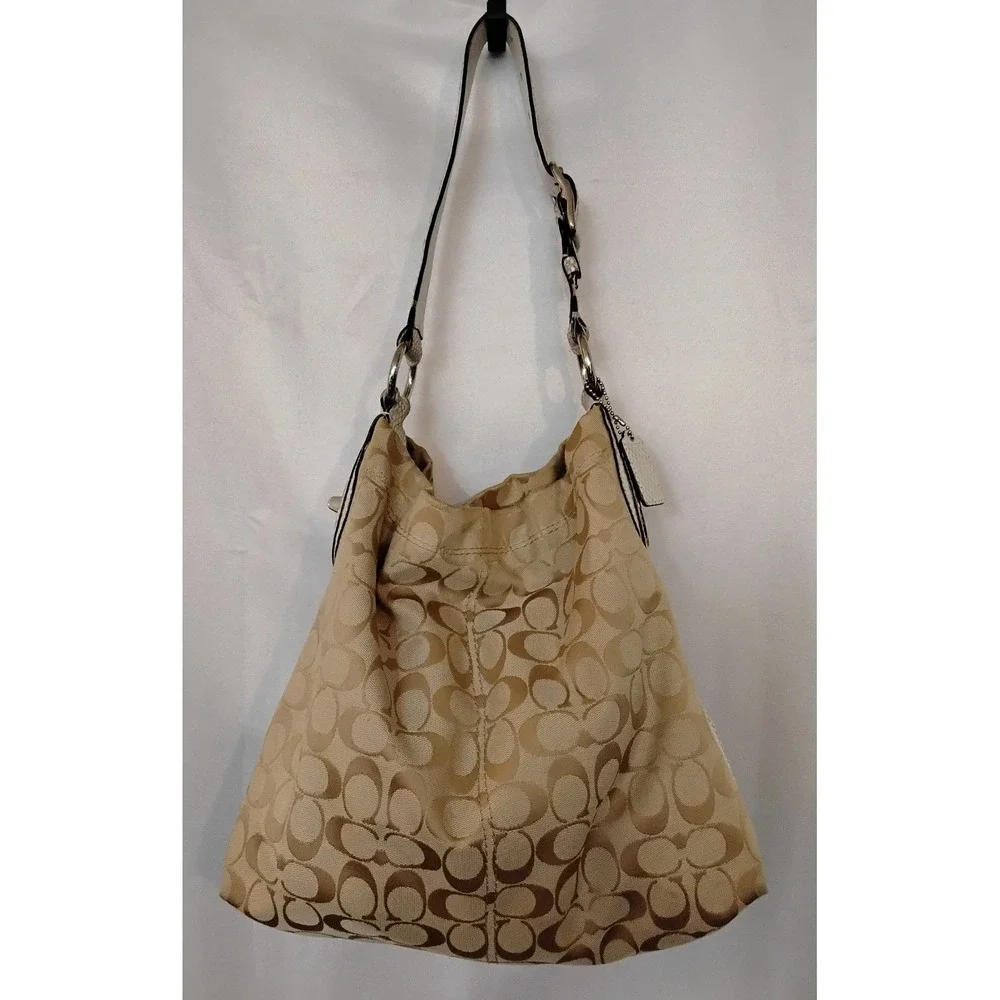 Coach F16538 Signature Jacquard Hobo Shoulder Bag White Leather Trim